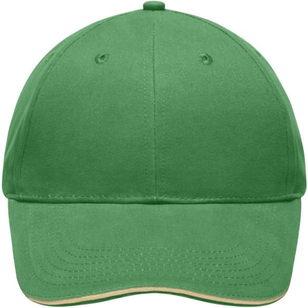 A green brushed sandwich cap with a curved brim and ventilation eyelets, featuring a logo on the front.
