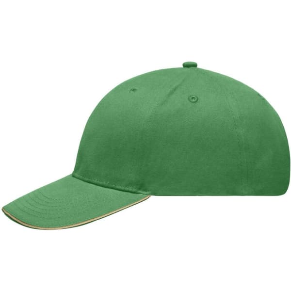A green cap with a curved brim and a logo, featuring a smooth brushed fabric finish.