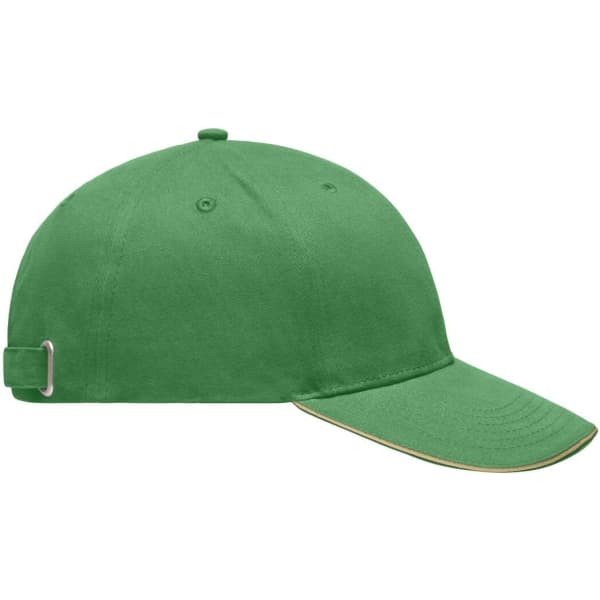 A green cap with a curved brim and an adjustable strap at the back. It features a logo on one side.