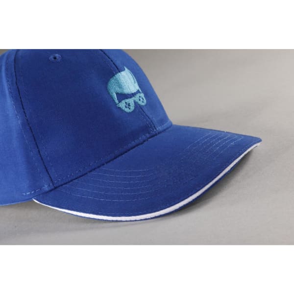 A blue cap with a curved brim and a logo on the front. Features contrast stitching along the brim.
