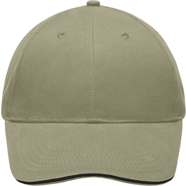 A light brushed sandwich cap in a khaki colour featuring a curved brim and a branding logo.