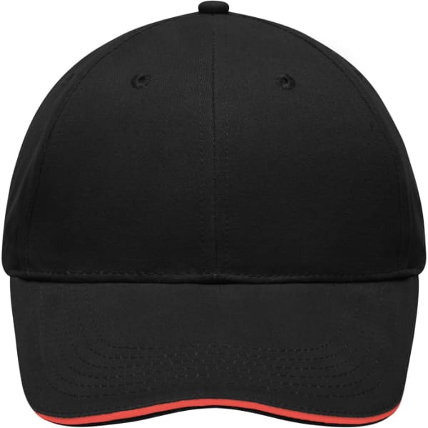 A black sandwich cap with a contrasting orange trim and a branding logo on the front.