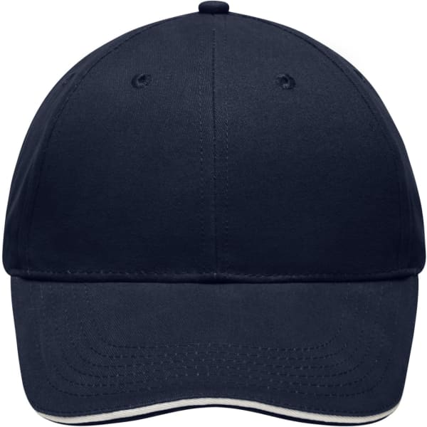 A navy cap with a curved brim, featuring stitching details and an interior band, has a logo.
