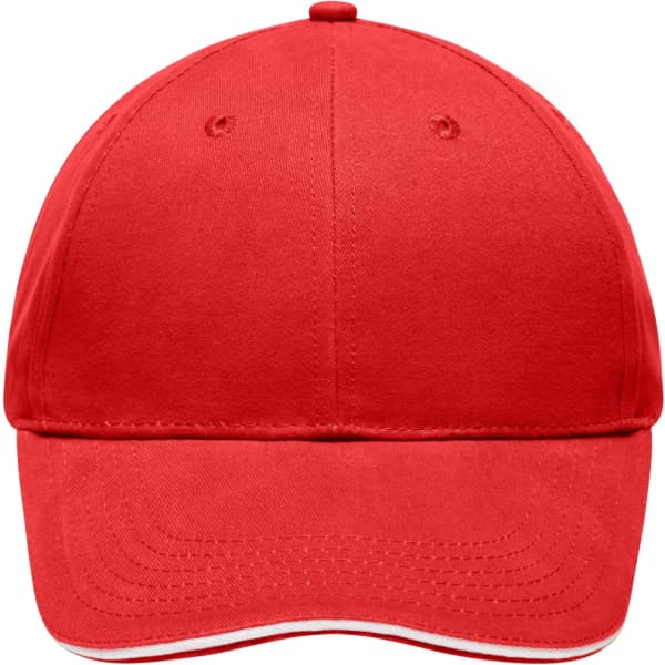 A red brushed sandwich cap with a rounded crown and a slightly curved brim. It features a logo on the front.