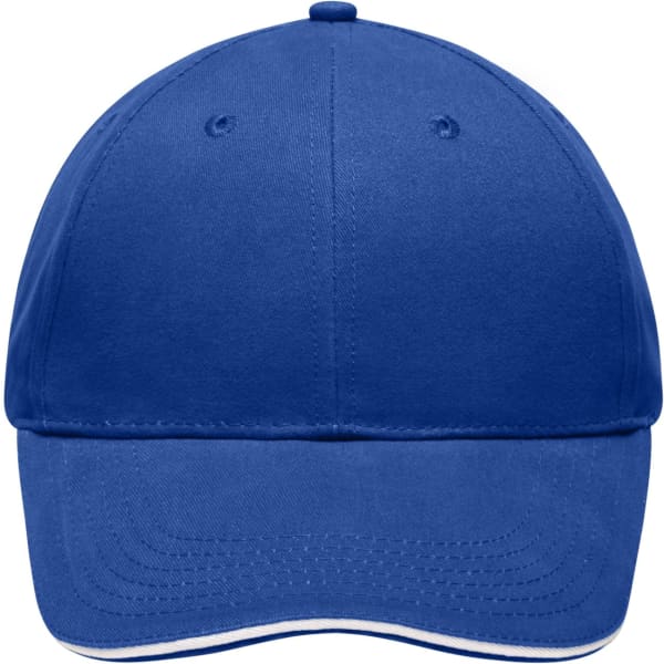 A blue sandwich cap featuring a curved brim and a logo on the front. The cap has a classic design.