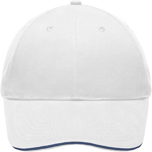 A white brushed sandwich cap with a curved brim and a logo on the front.