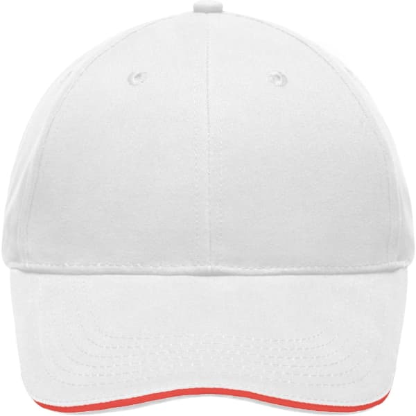 A white cap with an orange underbrim, featuring a logo on the front.