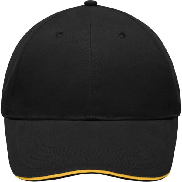 A black cap with a yellow accent along the brim and a logo on the front.
