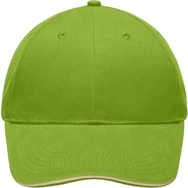 A bright green light brushed sandwich cap with a curved brim and a structured silhouette. Features a logo.