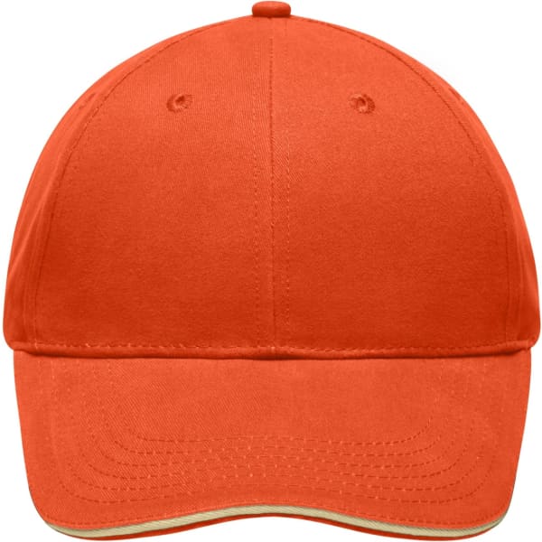 An orange brushed sandwich cap featuring a curved brim and a logo on the front.