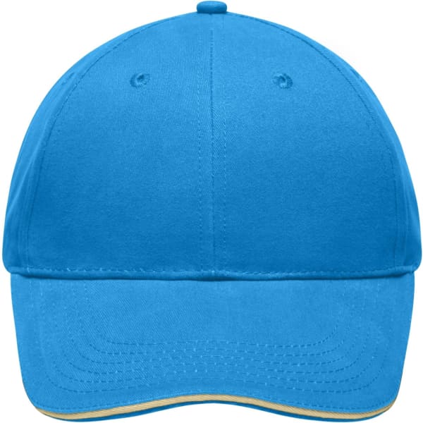 A bright blue cap with a curved brim and a logo on the front. The fabric appears smooth and soft.