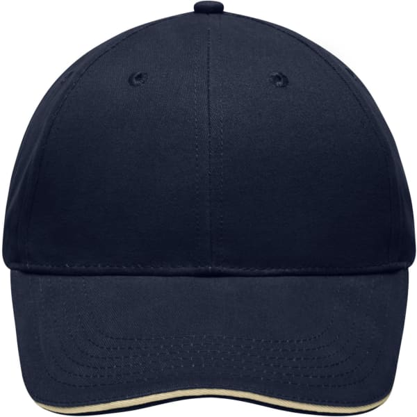 A navy blue cap with a curved brim and a logo on the front. The cap has ventilation holes.