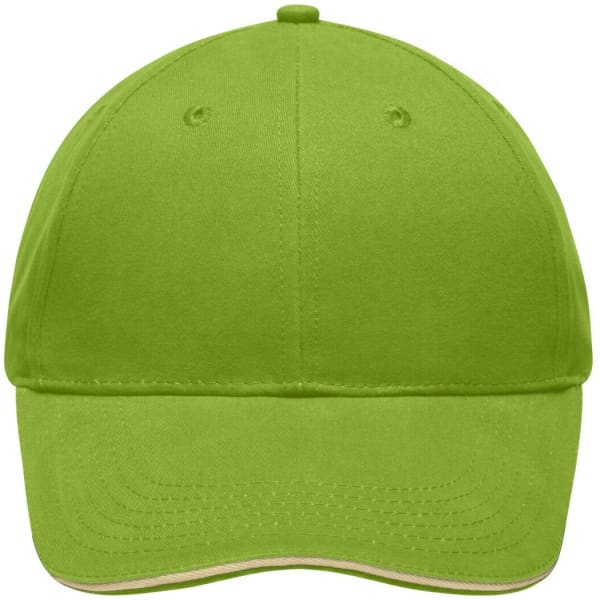 A green cap with a curved brim and a logo on the front. It's a light brushed sandwich style headwear.