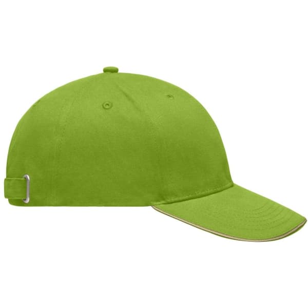 A bright green cap with a curved brim, featuring a logo and an adjustable strap at the back.