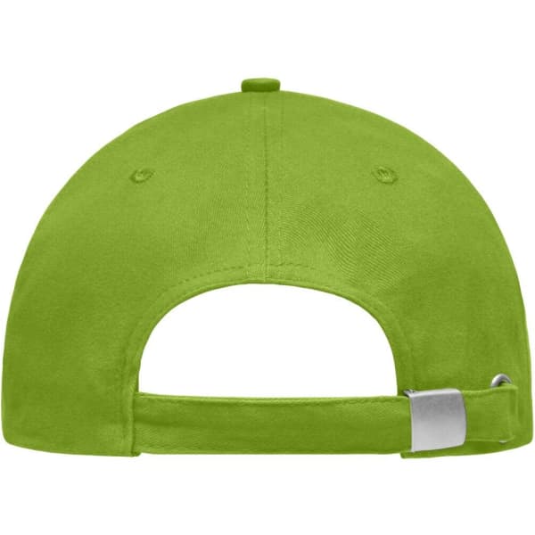 A bright green sandwich cap with an adjustable strap and metal clasp at the back, featuring a logo.