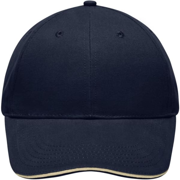 A navy blue sandwich cap with a curved brim and a logo on the front. The design features stitching details.