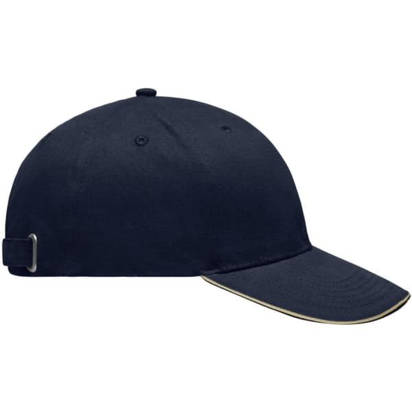 A navy blue brushed sandwich cap with a curved peak and an adjustable strap on the back, featuring a logo.