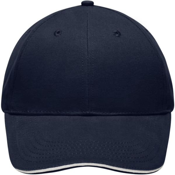 A navy light brushed sandwich cap featuring a curved brim and stitched detailing, with a logo on the front.