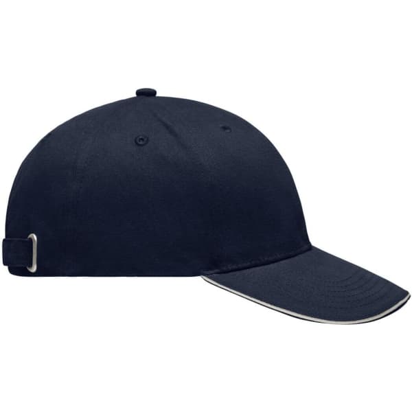 A navy blue cap with a curved brim, featuring a strap at the back and a logo on the front.
