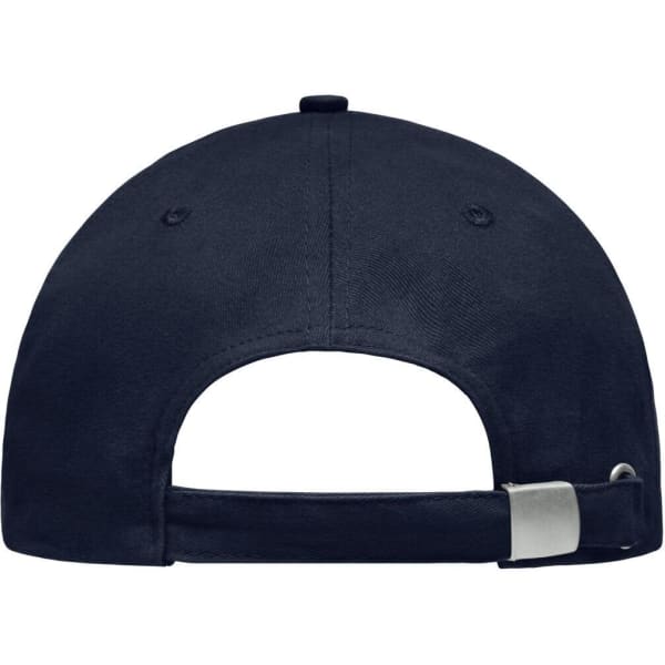 A navy cap featuring a metal clasp at the back and a plain design. It includes a logo on the front.