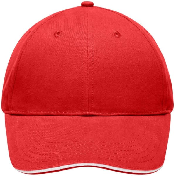 A red cap featuring a rounded crown and a pre-curved visor. It includes a logo on the front.