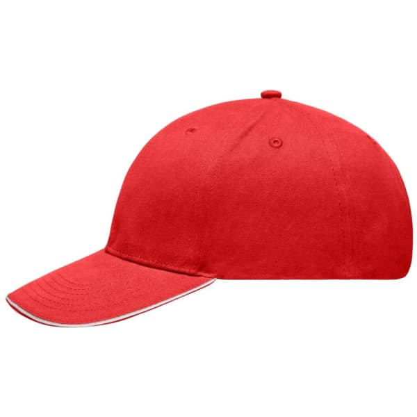 A red cap with a curved brim, featuring a logo on the front and white detailing along the brim.