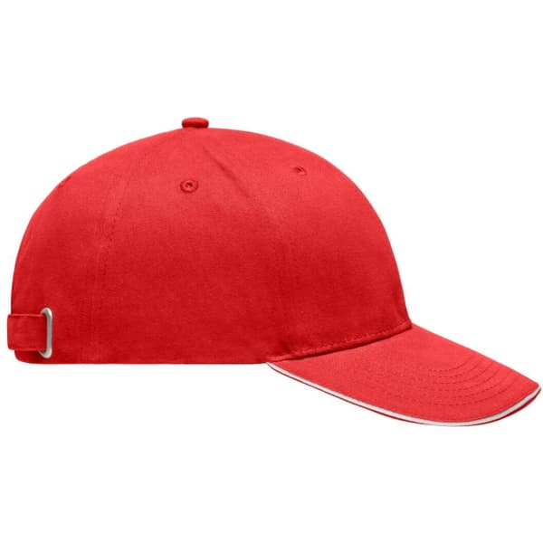 A red cap with a curved brim and an adjustable strap at the back, featuring a logo.