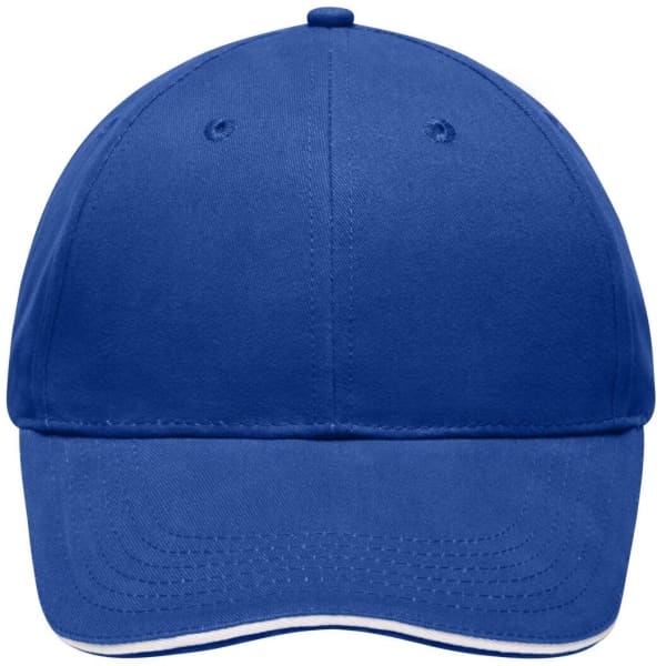 A blue brushed sandwich cap with a curved brim and an interior sweatband, featuring a logo on the front.
