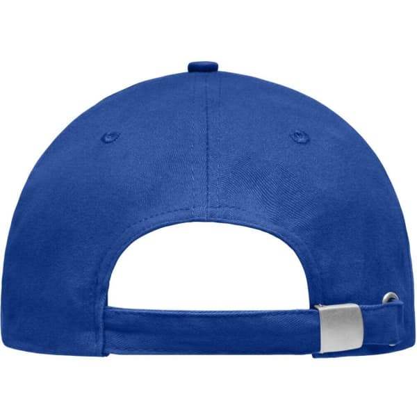 A blue brushed sandwich cap featuring a rear adjustment strap and ventilation holes. It has a logo on the back.