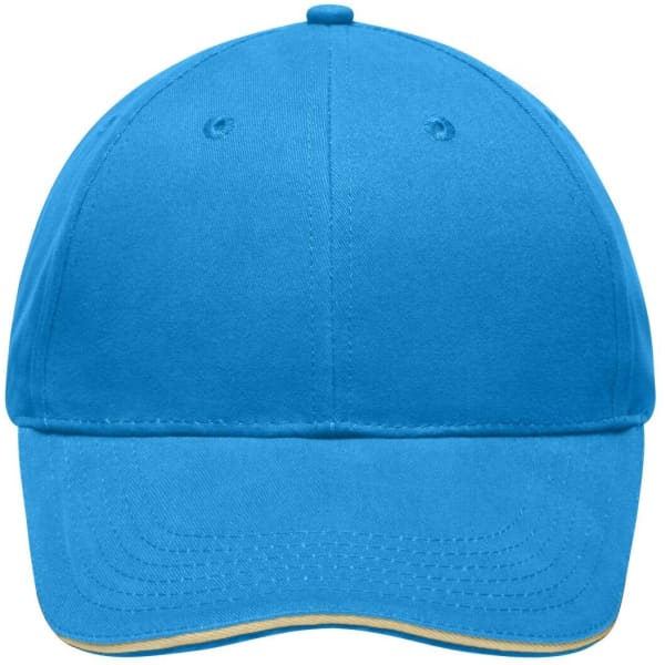 A bright blue cap featuring a curved visor and a logo on the front. Ideal for casual wear or promotional events.