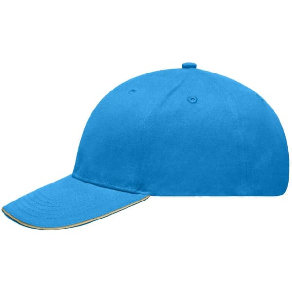 A bright blue cap with a structured design and a curved visor, featuring a logo on the front.
