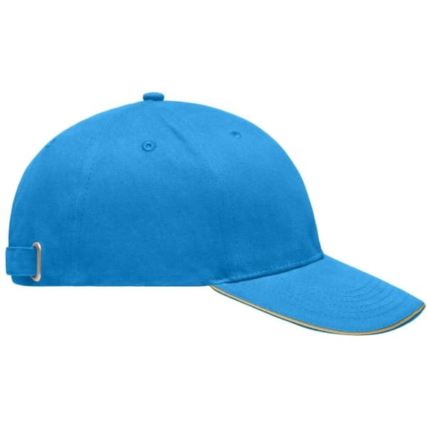A light blue cap with a curved brim and an adjustable strap, featuring a logo on the front.