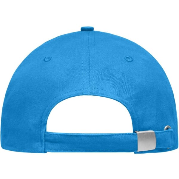 A blue light brushed sandwich cap featuring an adjustable strap and a logo on the back.