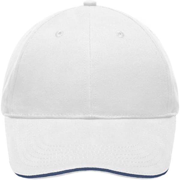 A white cap with a curved brim and a logo on the front, featuring a light brushed fabric.