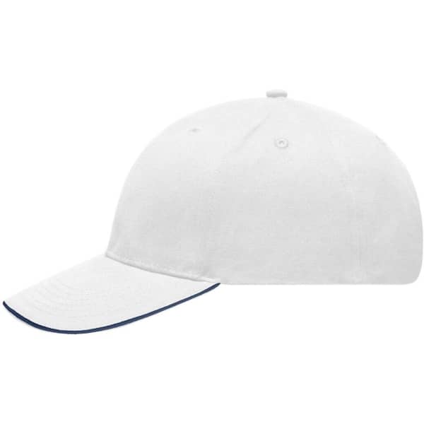 A white light brushed sandwich cap with a navy peak and ventilation eyelets, featuring a logo.