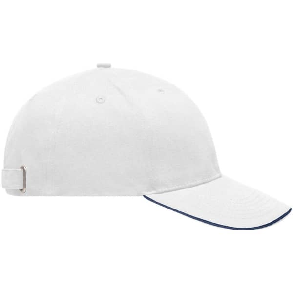 A white cap with a contrasting navy brim and an adjustable metal buckle at the back, featuring a logo.