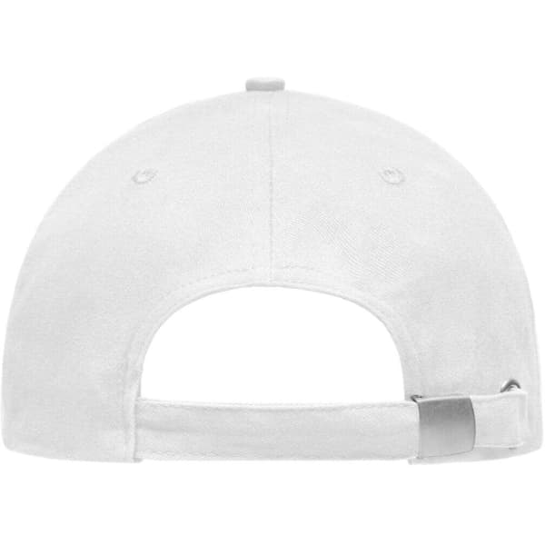 A white cap with a visible adjustable back strap and a logo on the side.