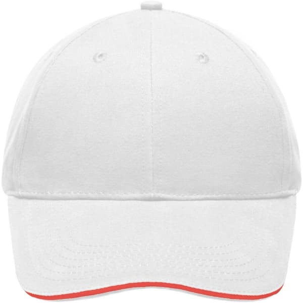 A white cap with a curved brim and a red underbrim, featuring a logo on the front.