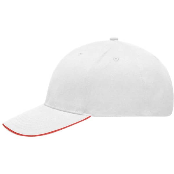 A white cap with a contrasting red brim and a logo on the front.