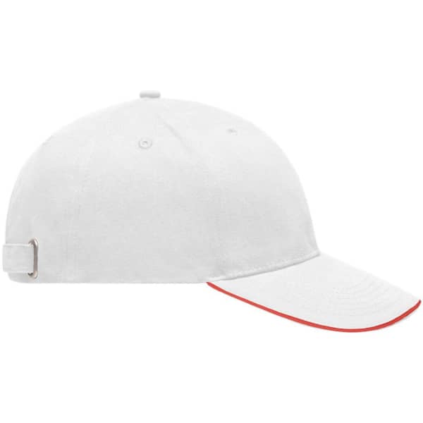 A white cap with a contrasting red brim and an adjustable strap at the back, featuring a logo.