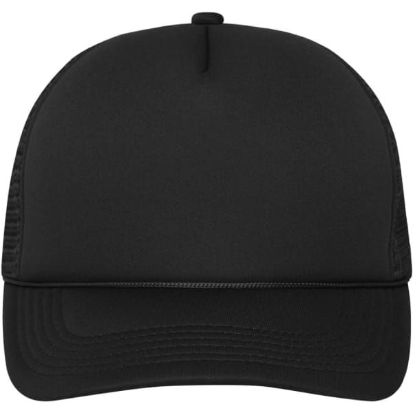 A black 5 Panel Retro Mesh Trucker cap with a solid front and mesh sides, featuring a logo.