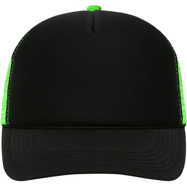 A 5 Panel Retro Mesh Trucker cap in black with bright green mesh sides and contrasting stitching.