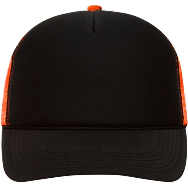 A black trucker hat with orange mesh panels and an adjustable strap at the back. Features a logo on the front.