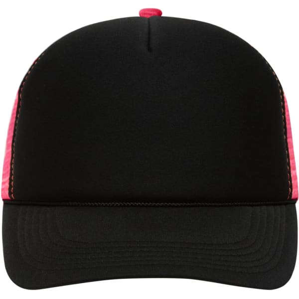 A 5 Panel Retro Mesh Trucker cap in black with pink mesh sides and a solid black visor. It features a logo.