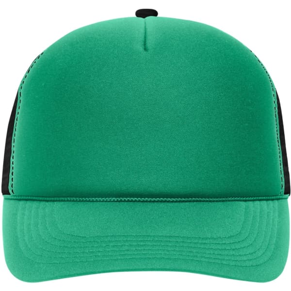 A green 5-panel retro mesh trucker cap featuring a black mesh back and a curved brim.