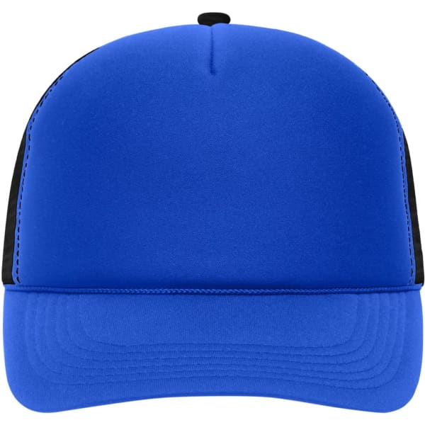 A vibrant blue 5 Panel Retro Mesh Trucker cap featuring a black mesh back and a curved brim.