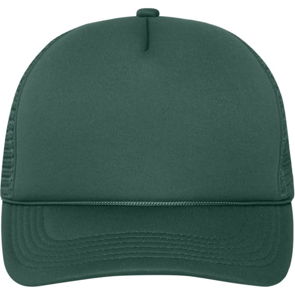 A green 5 Panel Retro Mesh Trucker cap featuring a logo and a structured front panel.