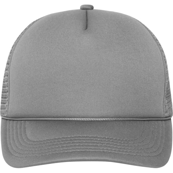 A grey 5 Panel Retro Mesh Trucker cap with a smooth front and a mesh back, featuring a logo.