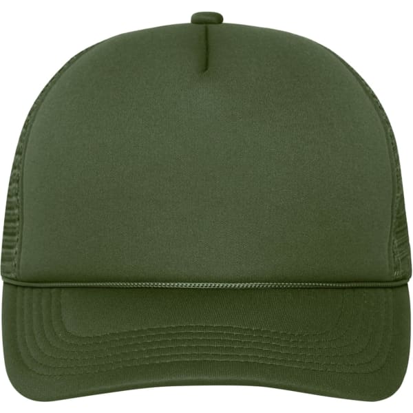 A green 5 Panel Retro Mesh Trucker cap with a structured front and mesh sides. Features a logo on the front.