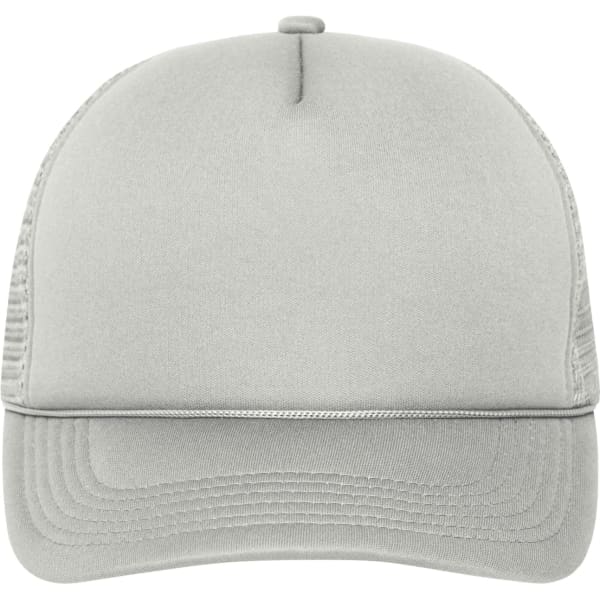 A grey 5 Panel Retro Mesh Trucker cap featuring a mesh back and a curved brim, with a branding logo.